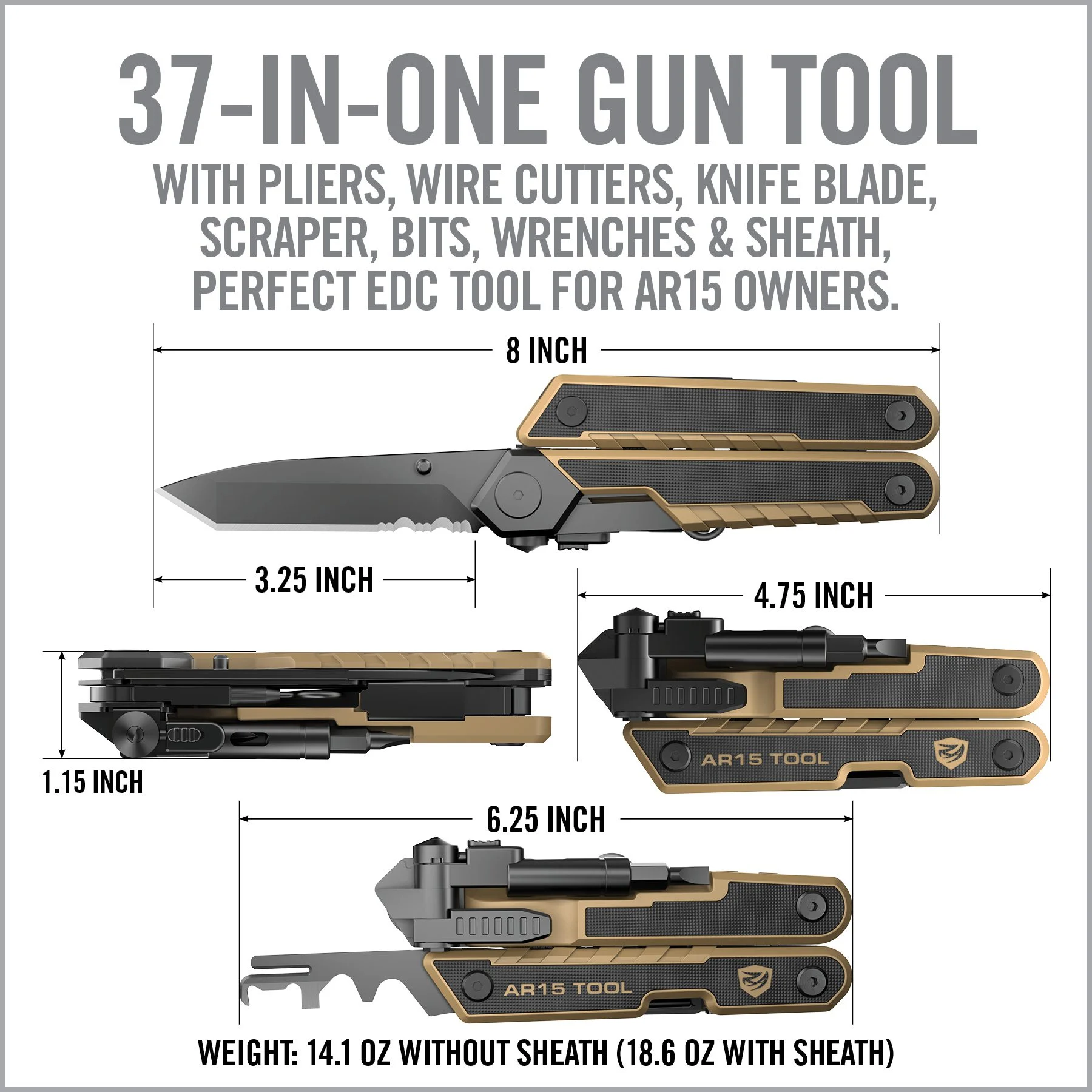 Real Avid AR15 Tool, Multi-Tool, Black/Tan Finish, Stainless Steel