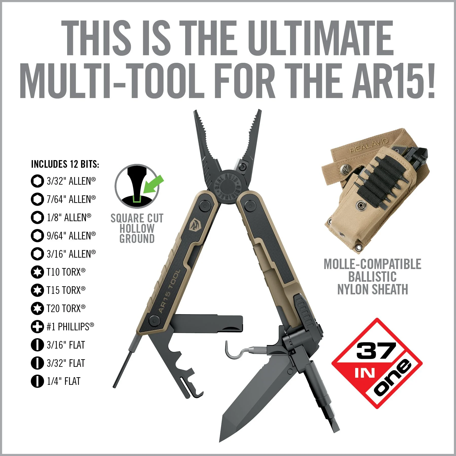 Real Avid AR15 Tool, Multi-Tool, Black/Tan Finish, Stainless Steel