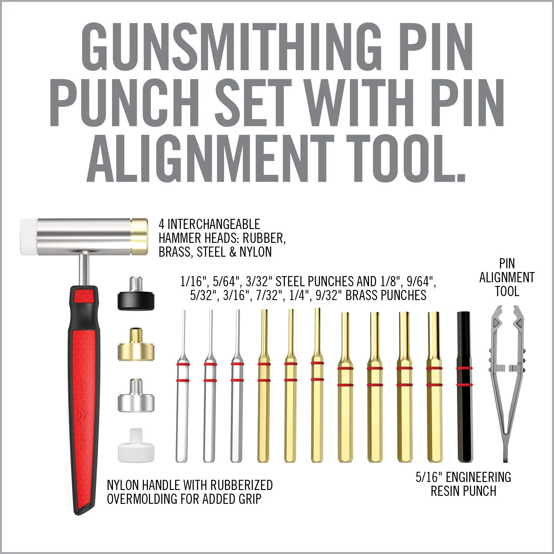 Real Avid Accu-Punch Hammer & Punch Set, Includes Rubber/Brass/Nylon/Steel Hammer Heads