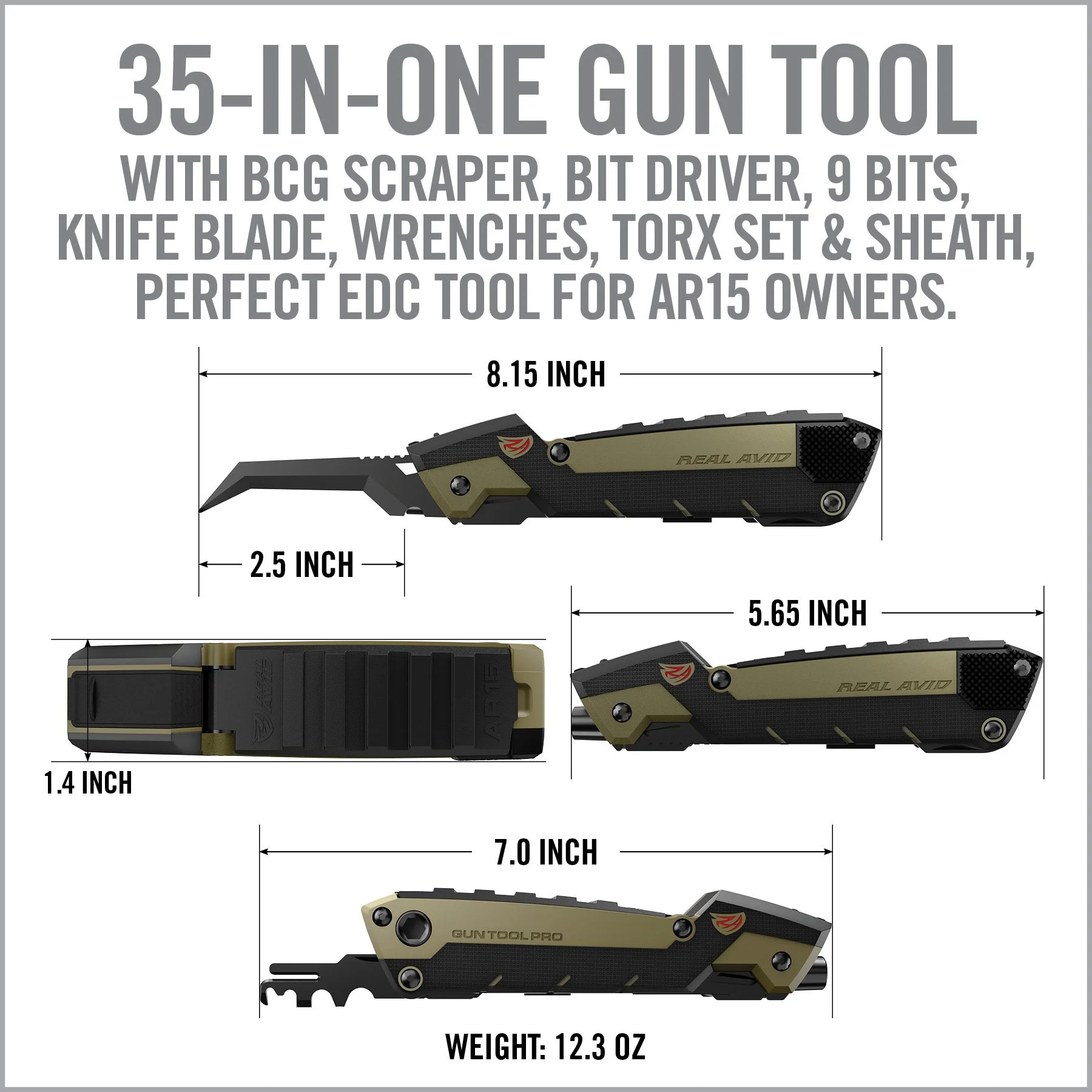 Real Avid Gun Tool Pro AR15, Multi-Tool, Optimized for the AR15, Flat Dark Earth/ Black