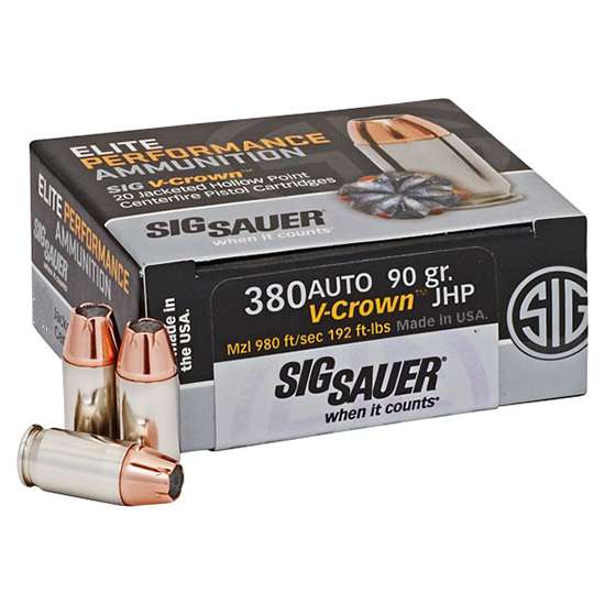 Sig Sauer E380A150 Elite V-Crown 380 ACP 90 gr Jacketed Hollow Point (JHP) 50 Bx/ 20 Cs