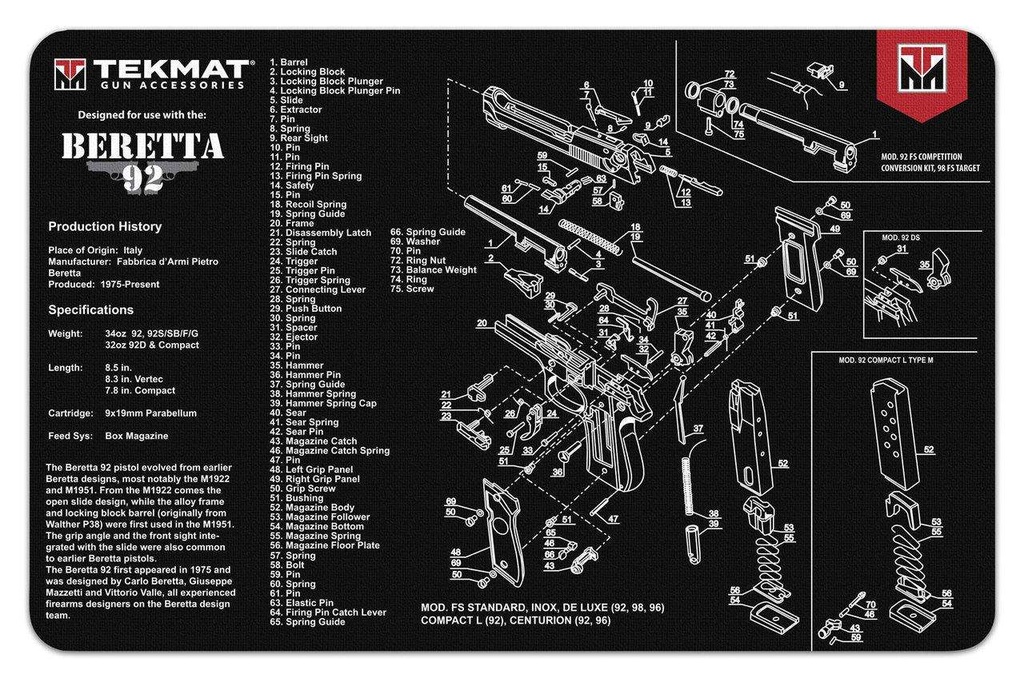 TekMat Beretta 92 Armorer's Mat Neoprene 11"x17" Black