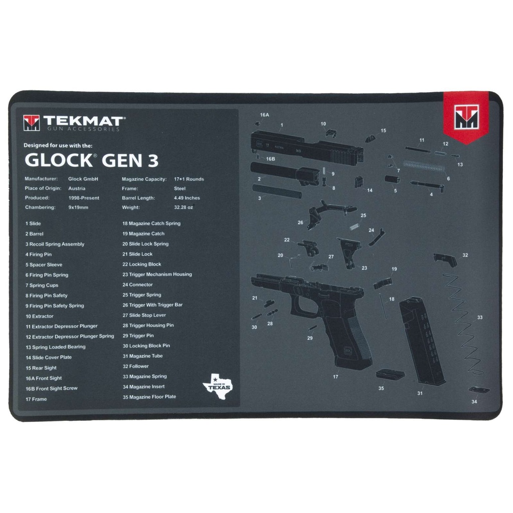 TekMat Gun Mat Glock 17 Gen 3 11"x17"  Black