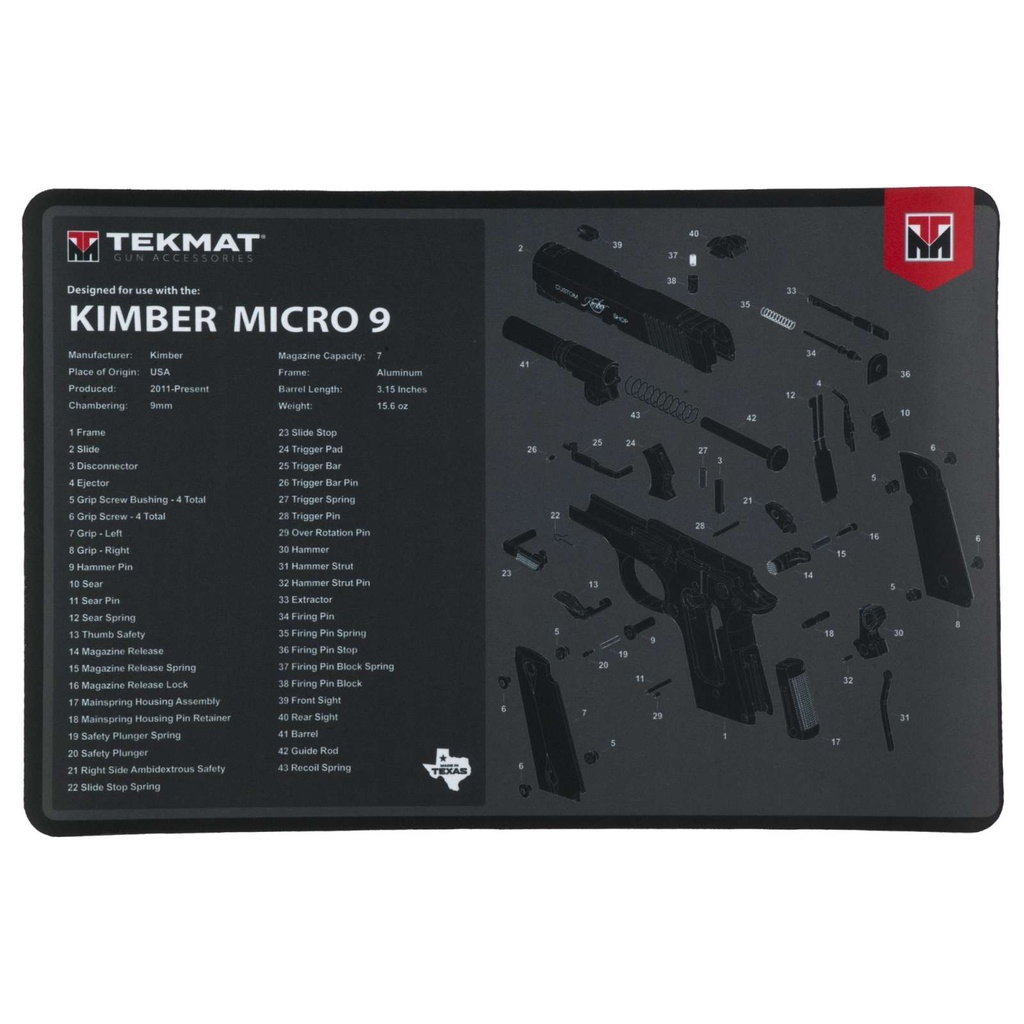 TekMat Gun Cleaning Mat Kimber Micro 9 11" x 17" Black