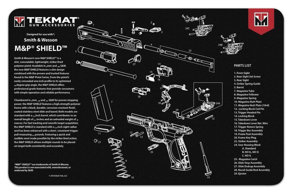 TekMat Gun Cleaning Mat S&W M&P SHIELD Pistol Mat 11"x17" Black