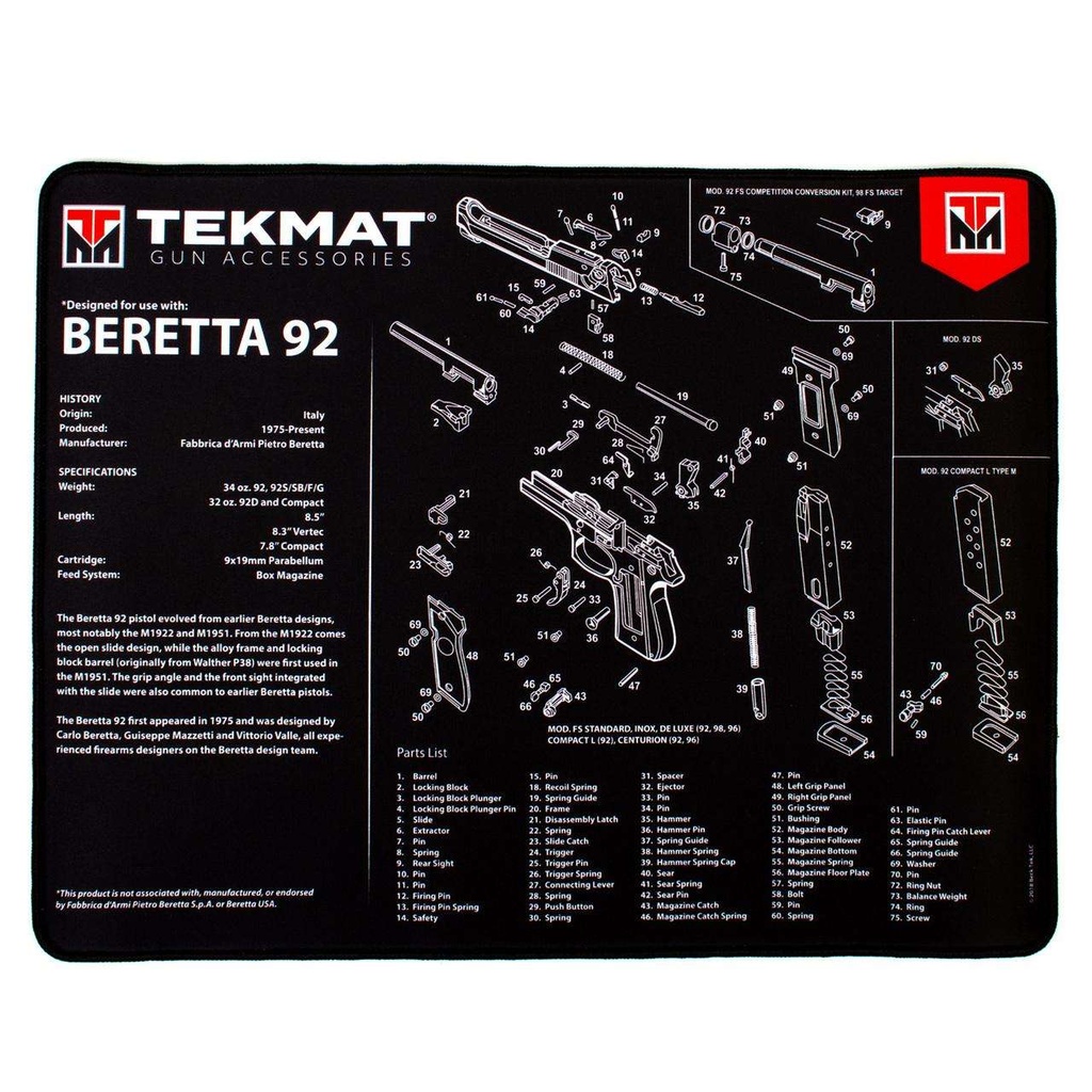 TekMat Ultra Premium Cleaning Mat Beretta 92 Parts Diagram 15" x 20" Black