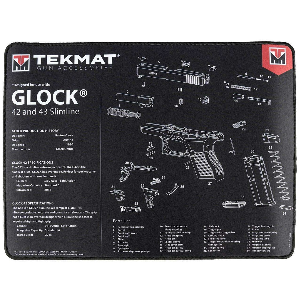 TekMat Ultra Premium Cleaning Mat Glock 42/43 Parts Diagram 15" x 20" Black