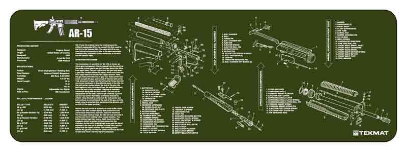 TekMat Original Cleaning Mat AR-15 Parts Diagram 12"x36" OD Green