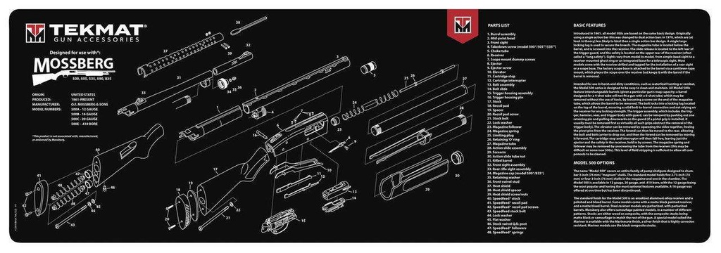 TekMat Original Cleaning Mat Mossberg Shotgun Parts Diagram 12"x36" Black