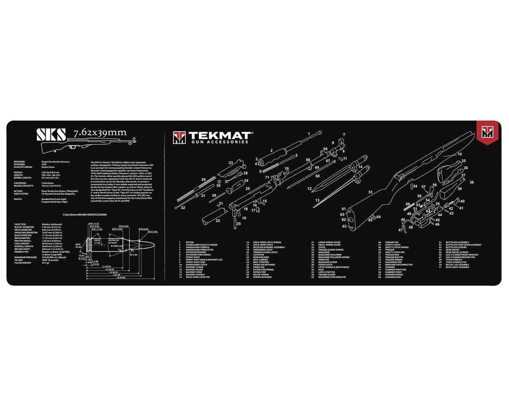 TekMat Original Cleaning Mat SKS Parts Diagram 12"x36" Black