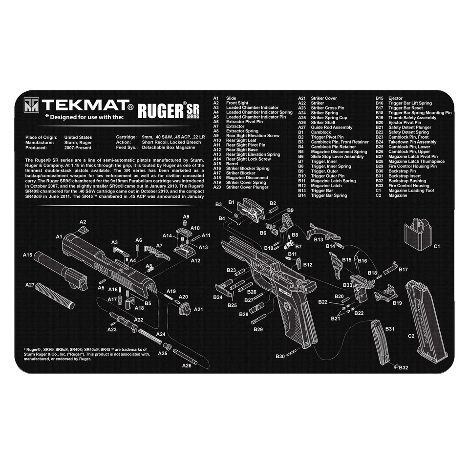 TekMat Original Cleaning Mat Ruger SR9 Parts Diagram 11" x 17" Black