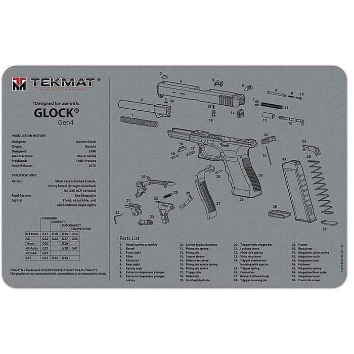 TekMat Ultra Premium Cleaning Mat Glock Gen4 Parts Diagram 15" x 20" Gray