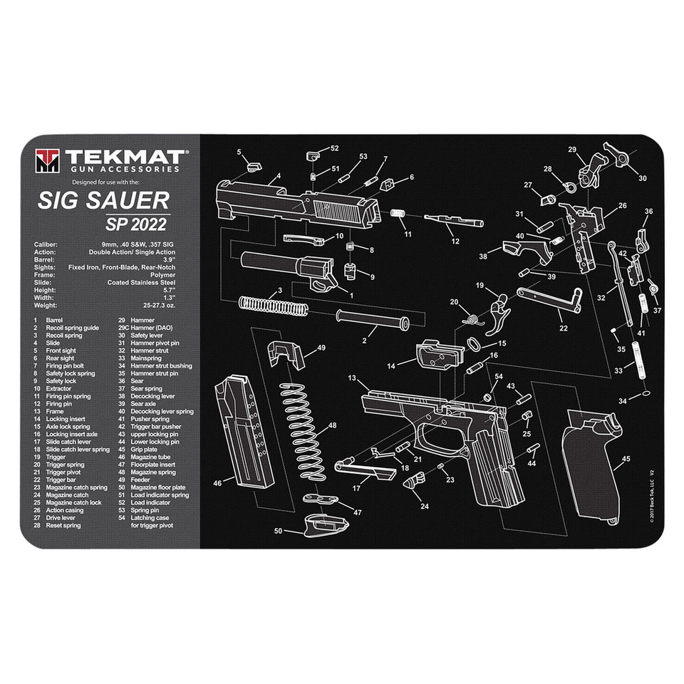 TekMat Gun Cleaning Mat Sig P2022 Parts Diagram 11" x 17" Black