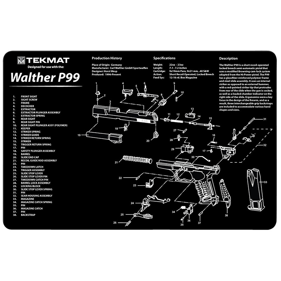 TekMat Gun Cleaning Mat Walther P99 Parts Diagram 11" x 17" Black